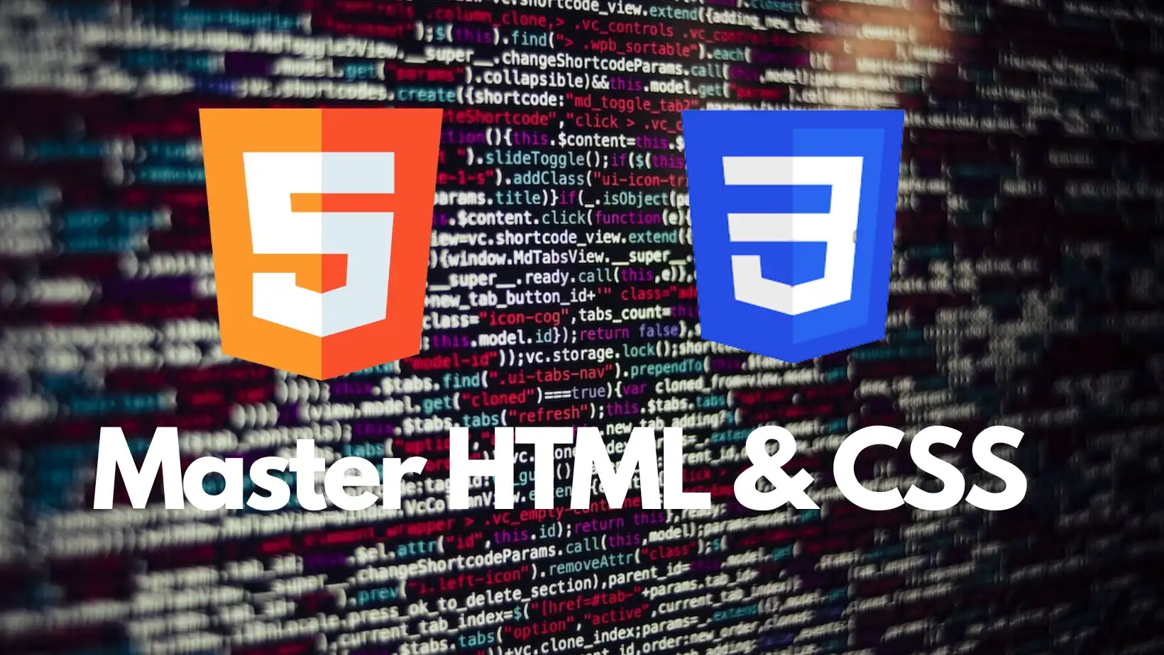 Coding screenshot with HTML and CSS logos with the legend, Master HTML and CSS