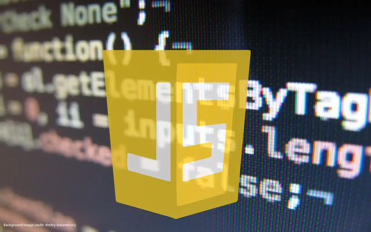 Coding screenshot in the background with JavaScript logo in the frong